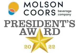 A gold star with molson coors logo and president award 2 0 2 1