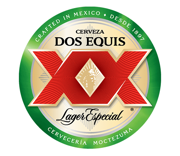 A green and red logo for dos equis beer.