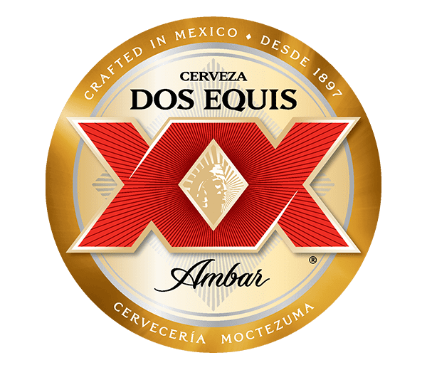 A gold and red logo for dos equis beer.