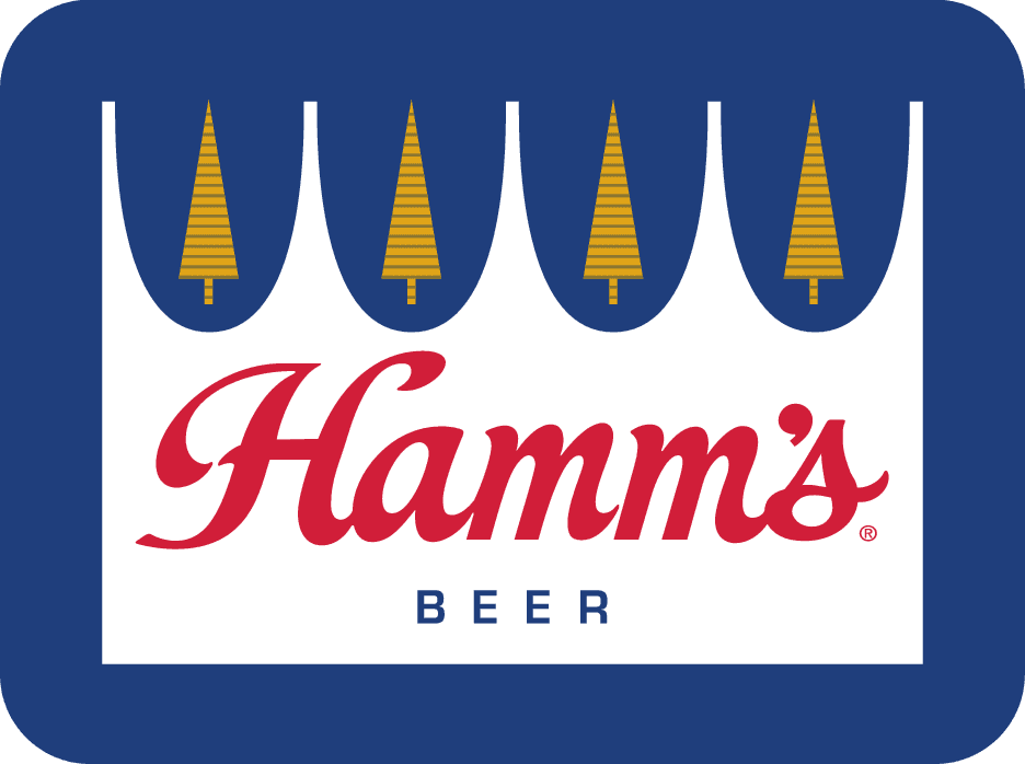 A blue and white banner with hamms beer on it.
