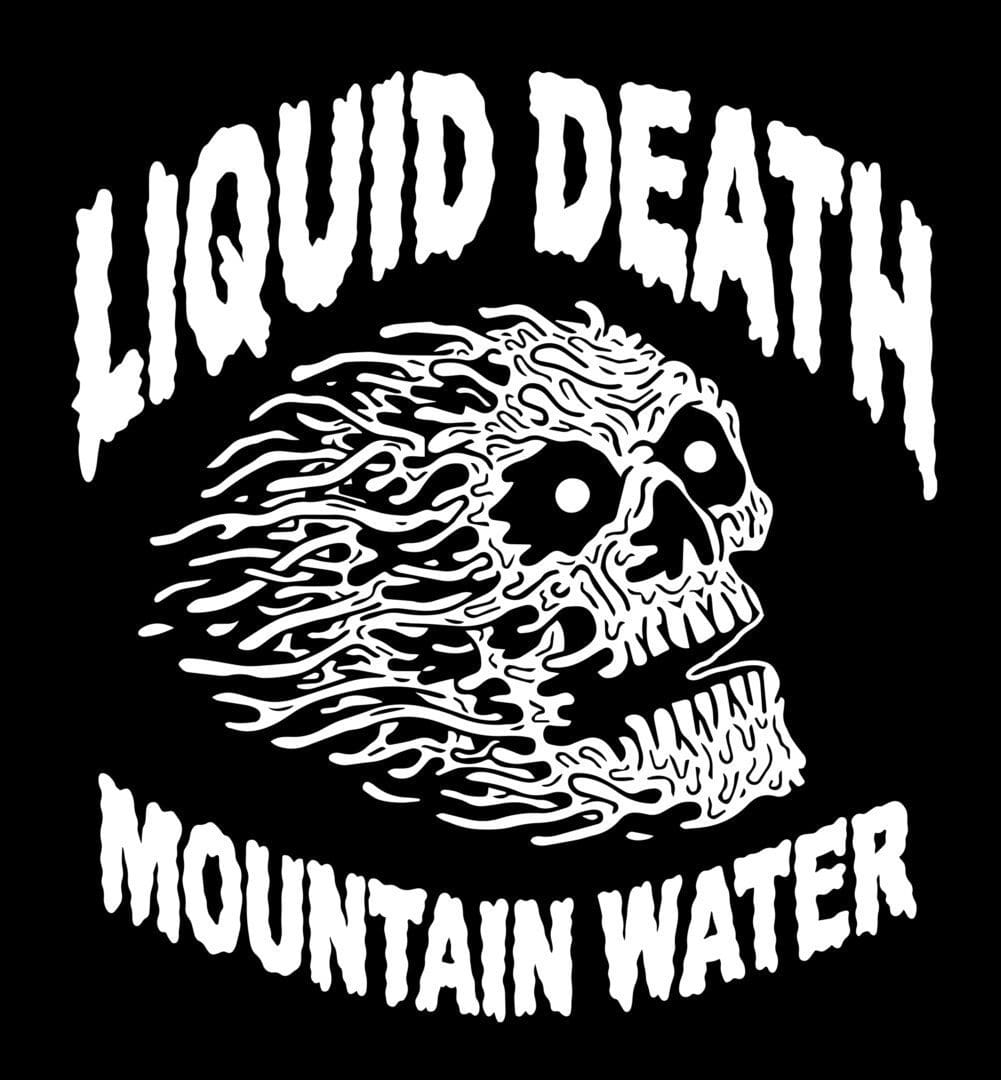 A skull with flames on it's face and the words " liquid death mountain water ".