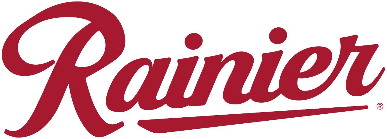 A red and green logo for the brand rainier.