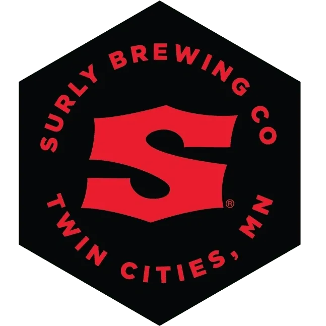 A red and black logo for surly brewing company.