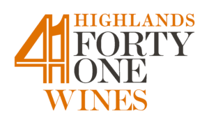 A green background with the words highland fort one wines in orange.