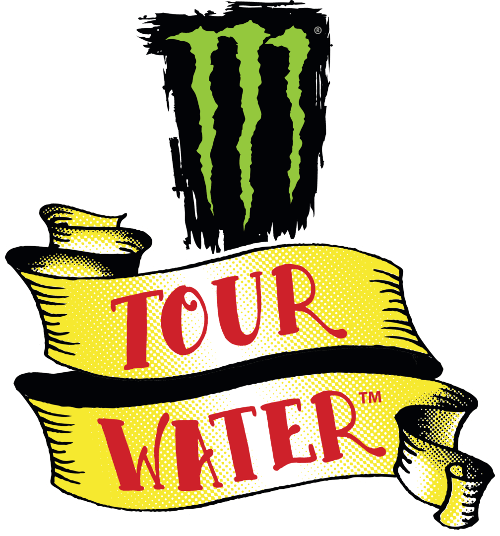 A monster energy drink logo with the words tour water.
